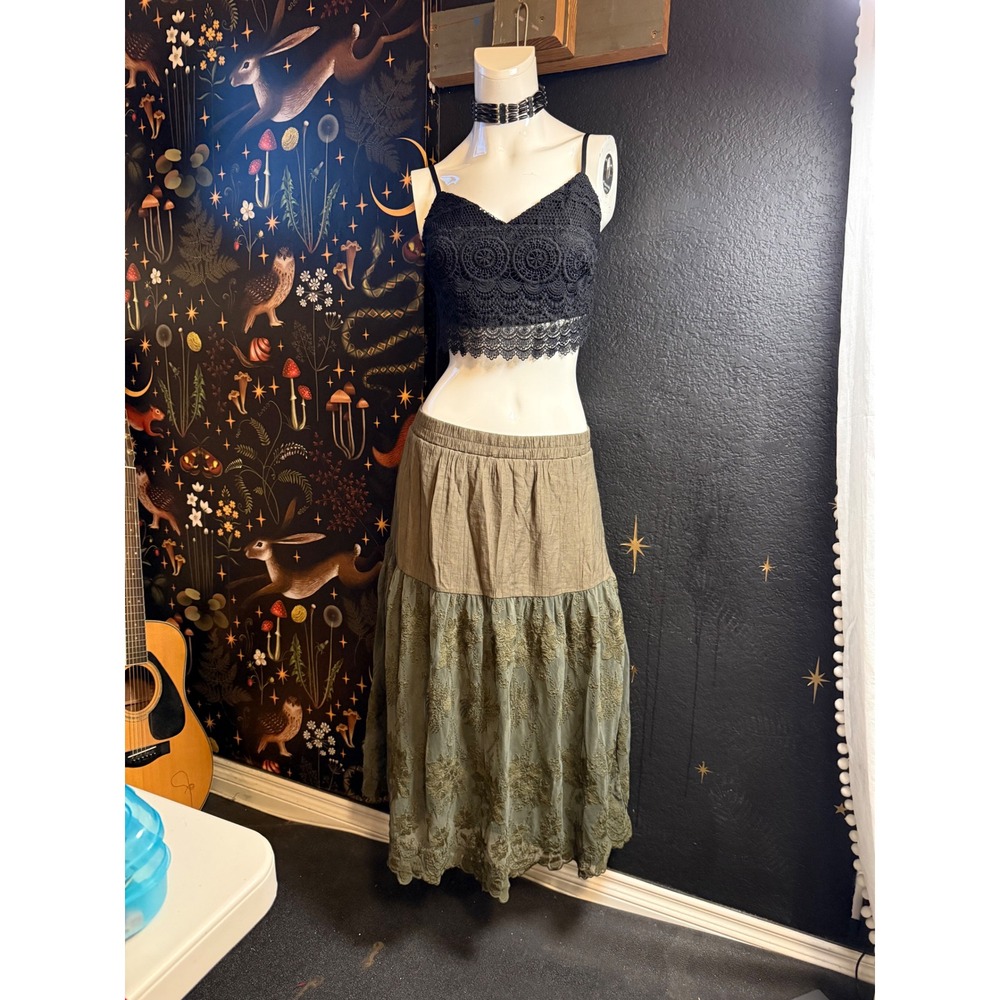 Cato Olive Green Floral Lace Tiered Midi Skirt Elastic Waist Boho Size M